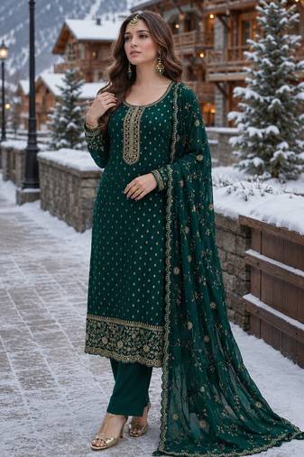 dark green embroidered silk blend salwar suit