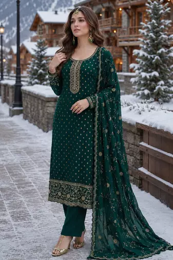 dark green embroidered silk blend salwar suit