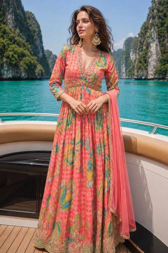 pink embroidered silk blend anarkali salwar suit