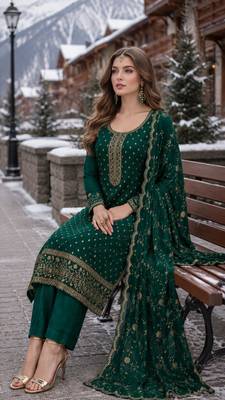 dark green embroidered silk blend salwar suit 2