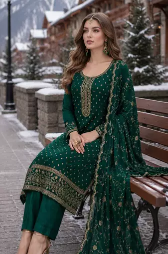 dark green embroidered silk blend salwar suit
