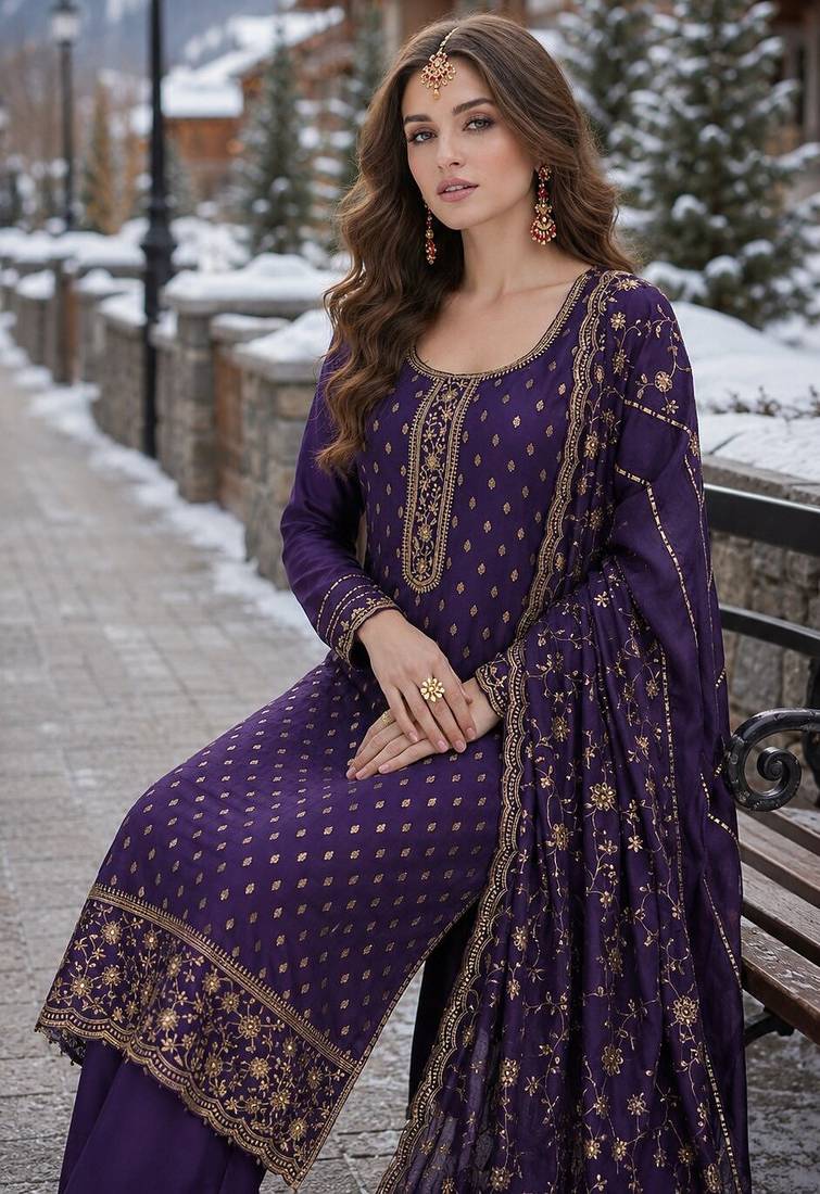 royal blue embroidered silk blend salwar suit