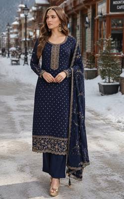 navy blue embroidered silk blend salwar suit 1