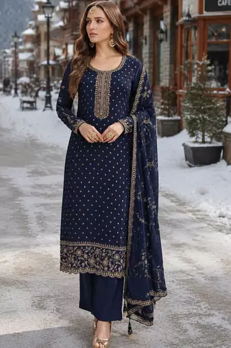 navy blue embroidered silk blend salwar suit
