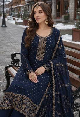 navy blue embroidered silk blend salwar suit 2