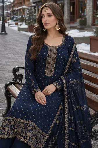navy blue embroidered silk blend salwar suit