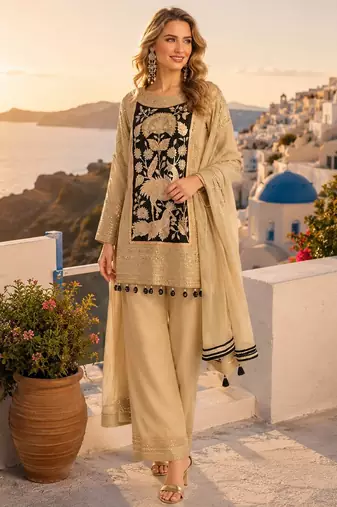 cream embroidered shimmer silk blend salwar suit - free size