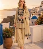 cream embroidered shimmer silk blend salwar suit - free size