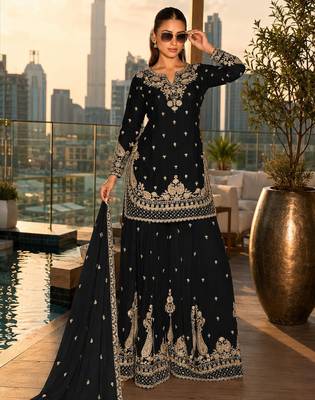 black embroidered silk blend salwar suit - free size 1