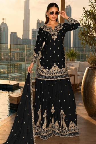 black embroidered silk blend salwar suit - free size