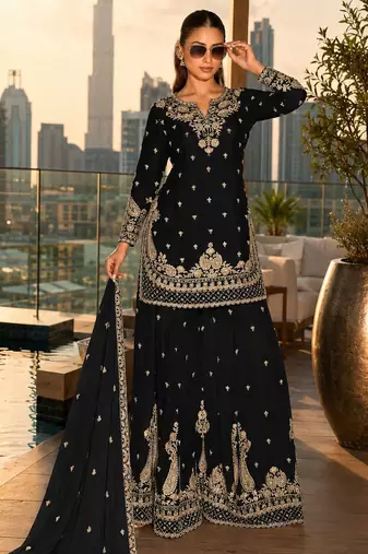 black embroidered silk blend salwar suit - free size
