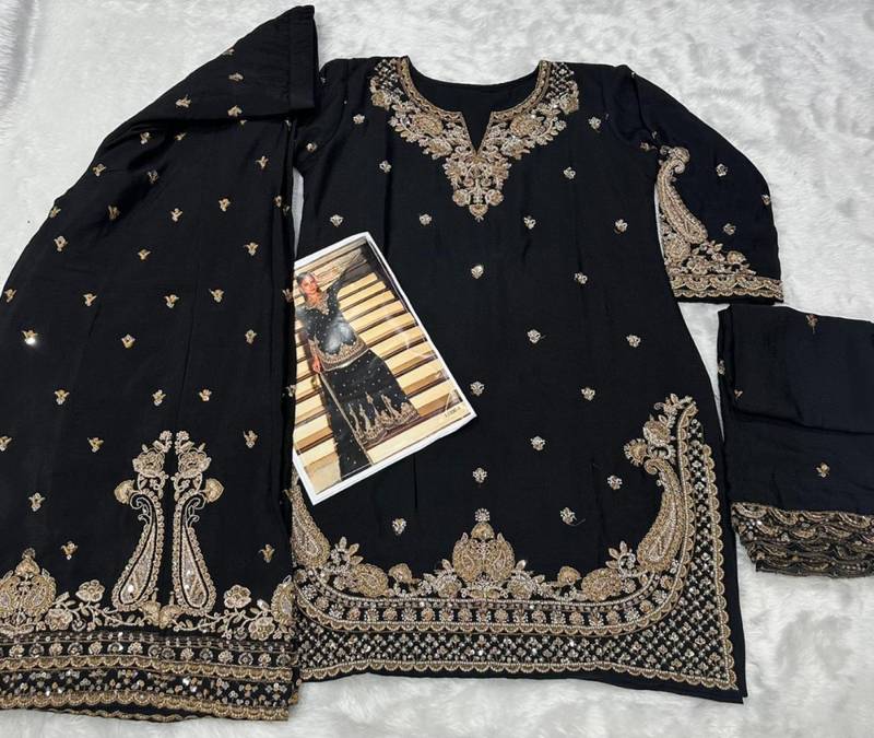 black embroidered silk blend salwar suit - free size