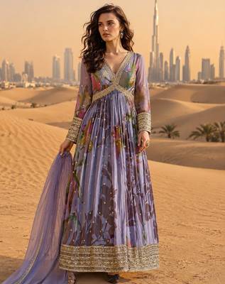 purple embroidered silk blend anarkali suit - free size 1