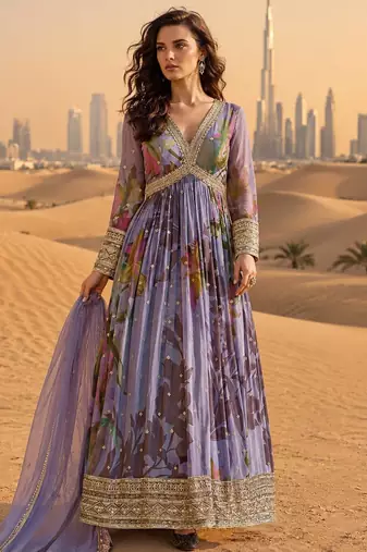 purple embroidered silk blend anarkali suit - free size