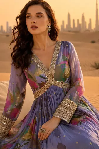 purple embroidered silk blend anarkali suit - free size