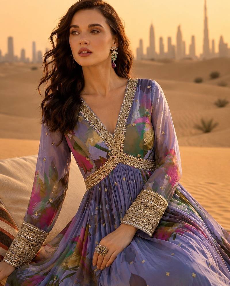 purple embroidered silk blend anarkali suit - free size
