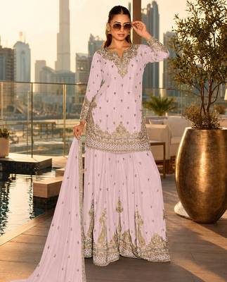 pink embroidered silk blend salwar suit - free size 1