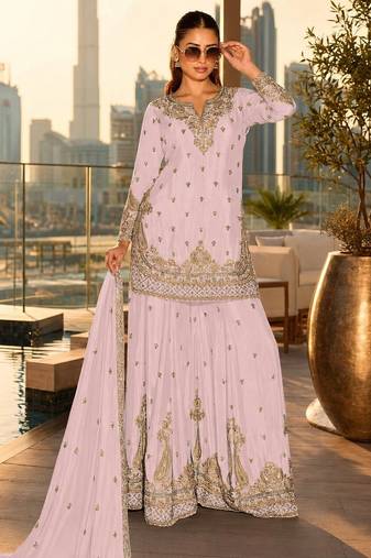 pink embroidered silk blend salwar suit - free size
