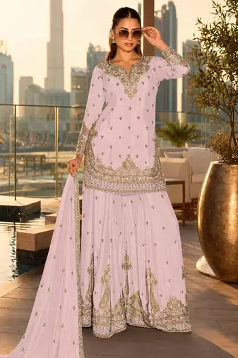 pink embroidered silk blend salwar suit - free size