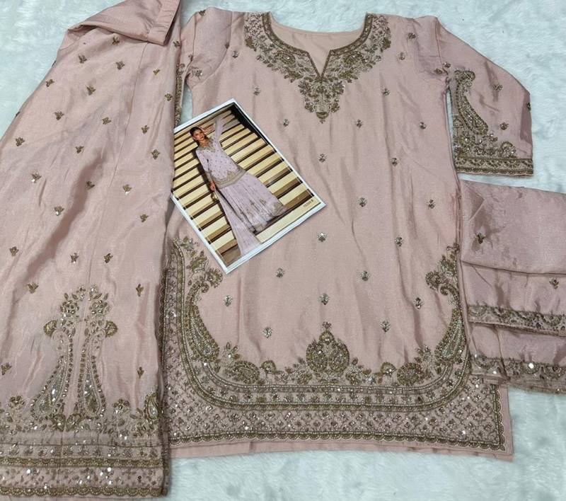 pink embroidered silk blend salwar suit - free size