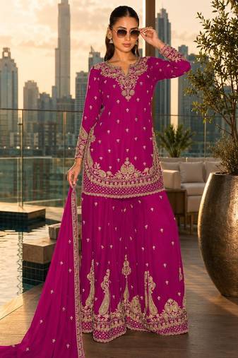 rani pink embroidered silk blend salwar suit - free size
