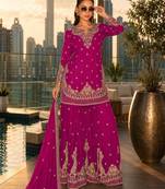 rani pink embroidered silk blend salwar suit - free size