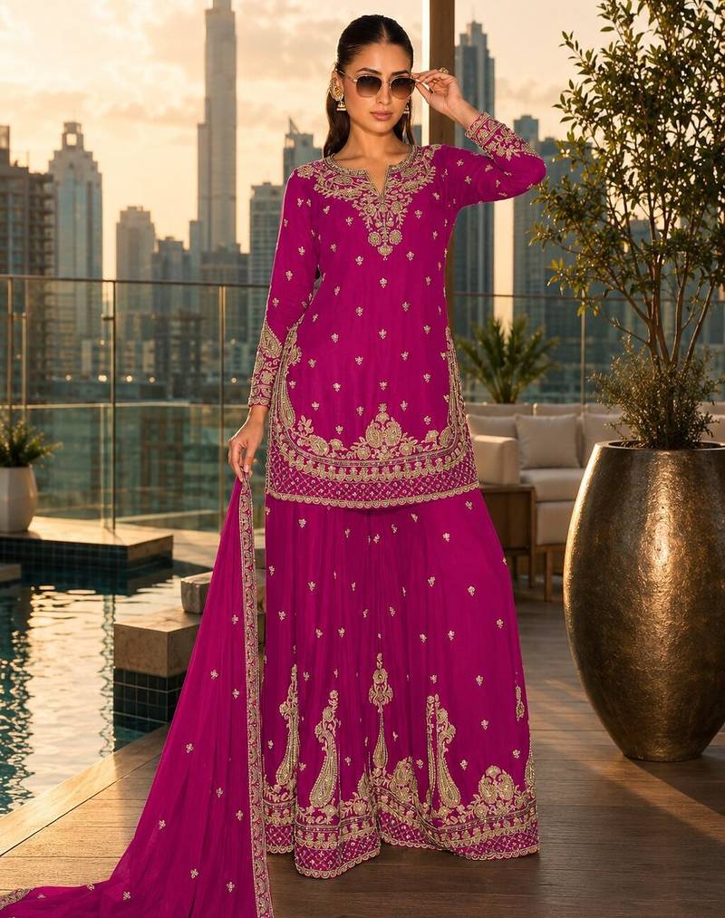 rani pink embroidered silk blend salwar suit - free size