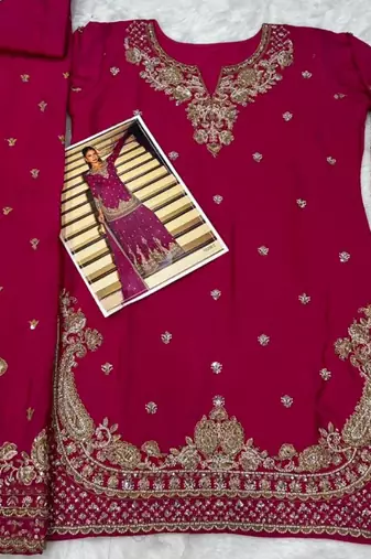 rani pink embroidered silk blend salwar suit - free size