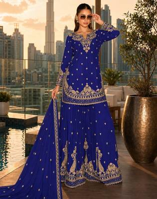 dark blue embroidered silk blend salwar suit - free size 1