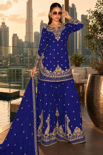 dark blue embroidered silk blend salwar suit - free size