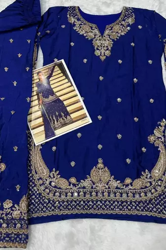 dark blue embroidered silk blend salwar suit - free size