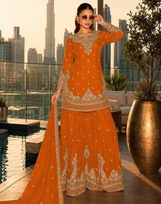 orange embroidered silk blend salwar suit - free size 1