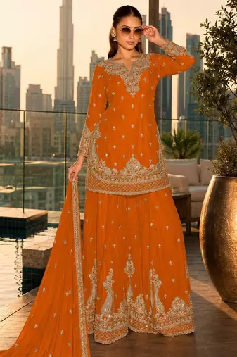 orange embroidered silk blend salwar suit - free size