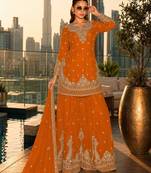 orange embroidered silk blend salwar suit - free size