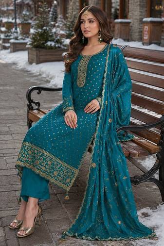 turquoise embroidered silk blend salwar suit