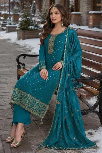turquoise embroidered silk blend salwar suit