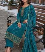 turquoise embroidered silk blend salwar suit