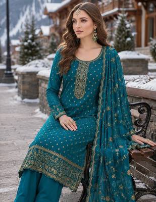 turquoise embroidered silk blend salwar suit 2