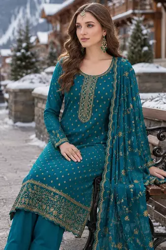 turquoise embroidered silk blend salwar suit