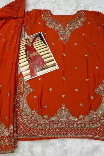 orange embroidered silk blend salwar suit - free size