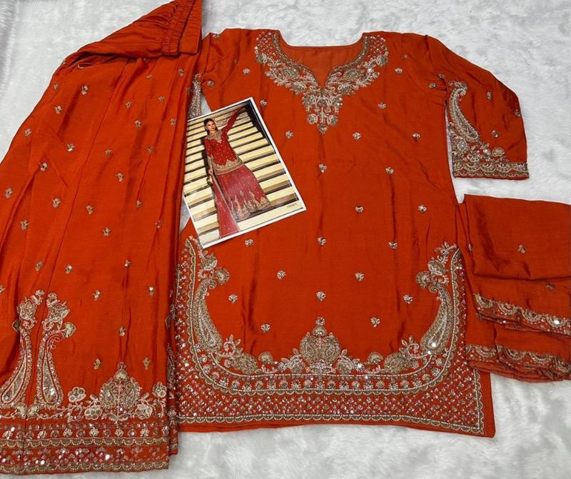 orange embroidered silk blend salwar suit - free size