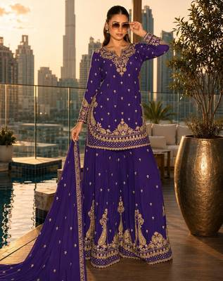 violet embroidered silk blend salwar suit - free size 1