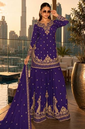 violet embroidered silk blend salwar suit - free size