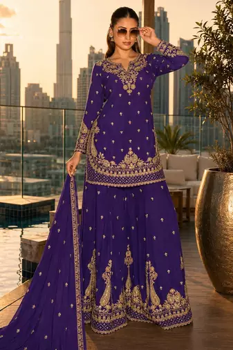 violet embroidered silk blend salwar suit - free size