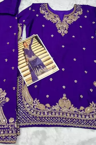 violet embroidered silk blend salwar suit - free size