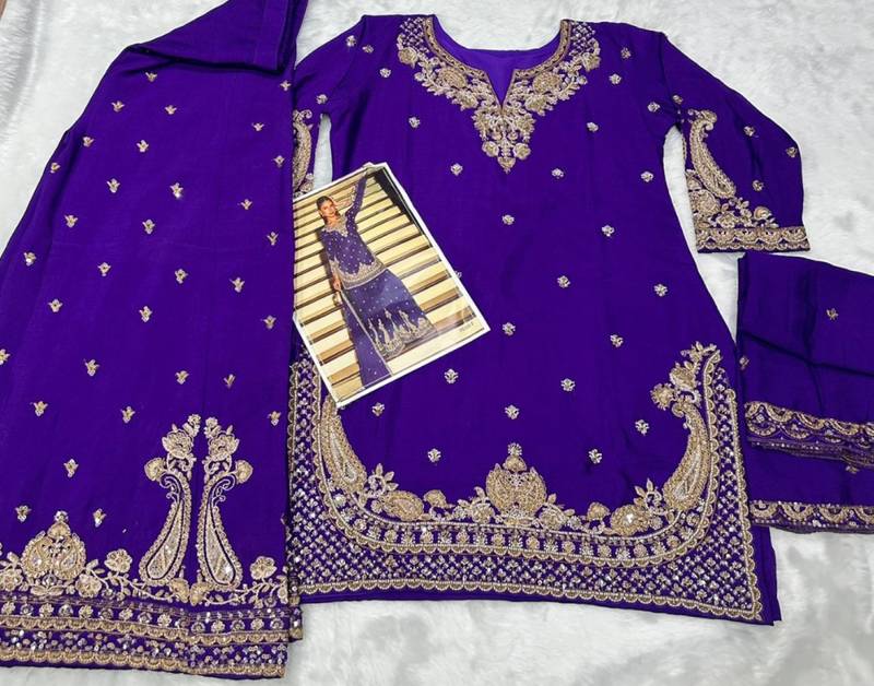 violet embroidered silk blend salwar suit - free size