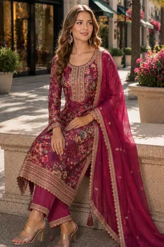 pink embroidered silk blend salwar suit