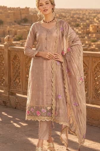 peach embroidered silk blend salwar suit