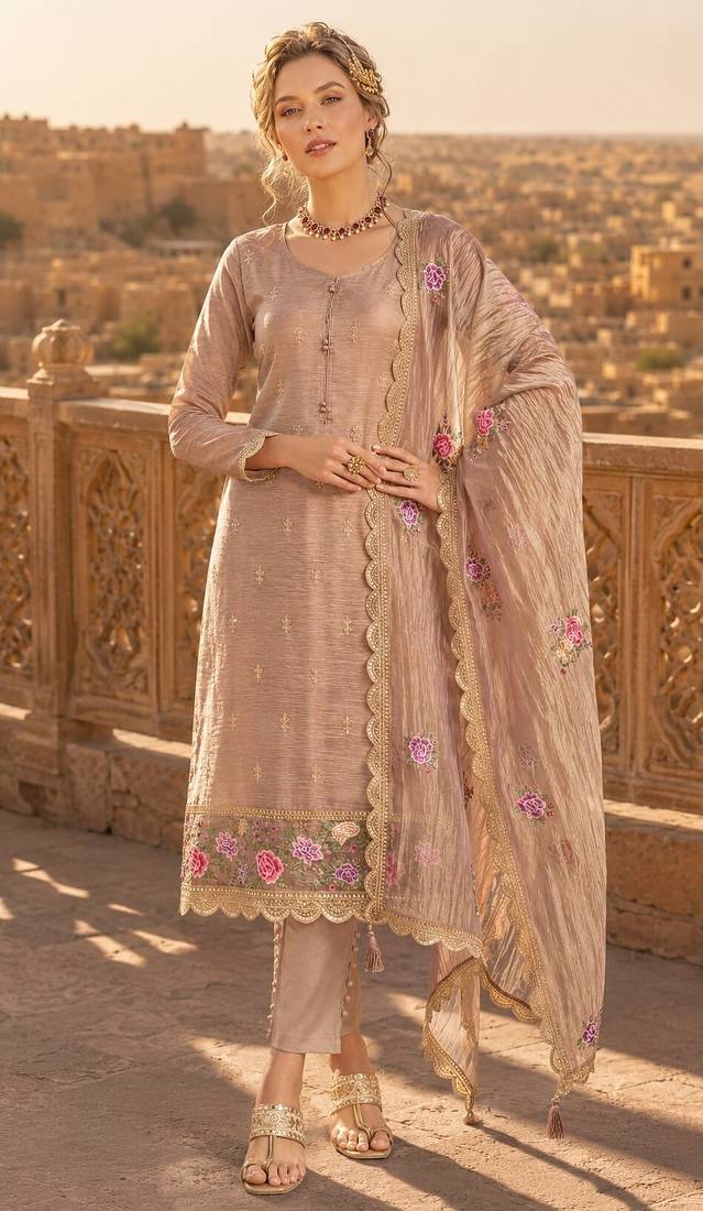 peach embroidered silk blend salwar suit