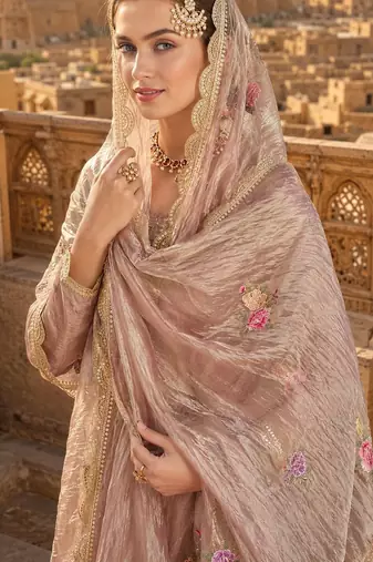 peach embroidered silk blend salwar suit